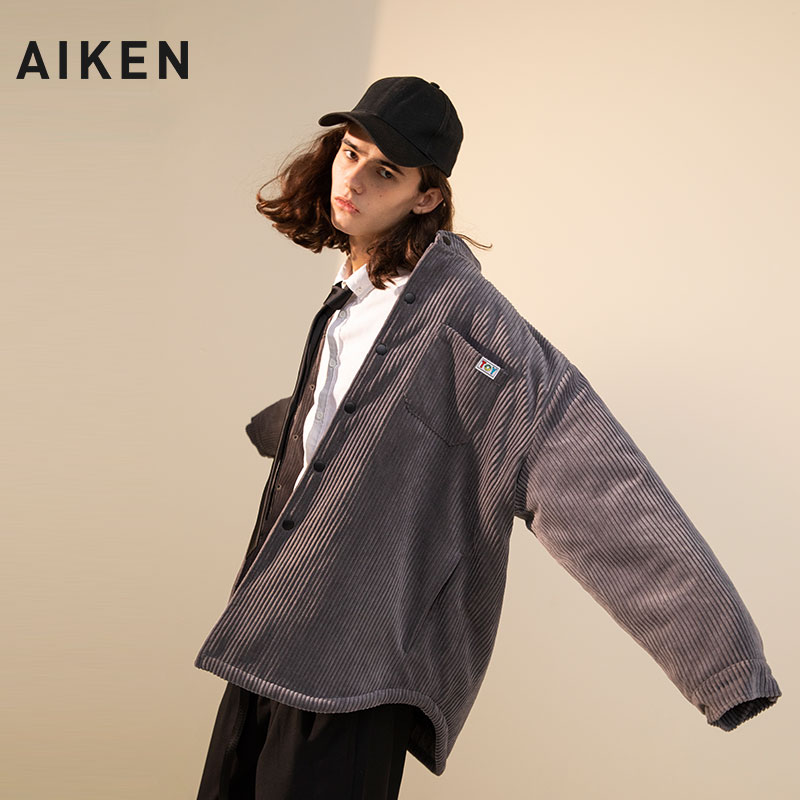 aiken/爱肯2019冬新款立领灯芯绒棉服男宽松中长款棉衣潮流情侣装