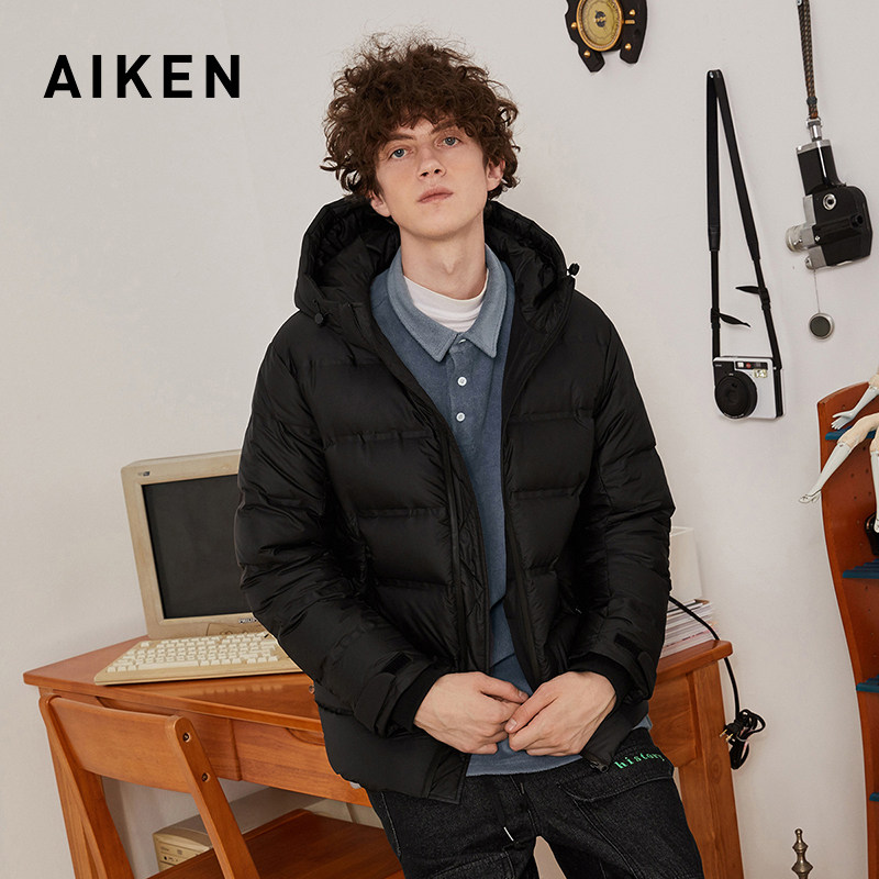 aiken/爱肯2019冬季新款中长款连帽羽绒服黑色潮流百搭宽松外套男