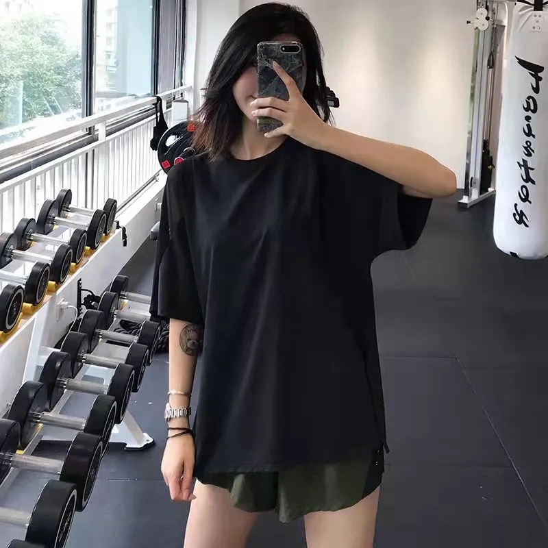 速干T恤夏薄款跑步健身服瑜伽服短袖大码运动上衣女宽松胖mm罩衫