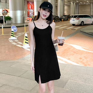 显瘦气质中长款 时尚 开叉内搭小黑裙 韩版 吊带连衣裙女2025春夏新款