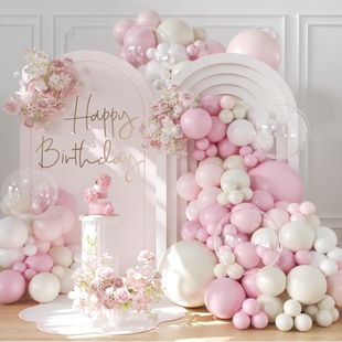 三八亮丽粉白色超仙蝴蝶结气球链花环气球链套装女孩生日布置装饰