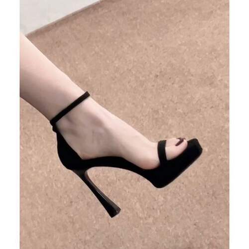 黑色一字带露趾凉鞋超高跟防水台细跟露趾厚底防水台小个子高跟鞋