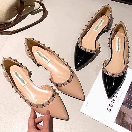 尖头侧空裸色平底单鞋女2025春夏新款浅口铆钉漆皮气质百搭单鞋,女鞋,浅口单鞋,淘宝优惠券,粉丝福利购,淘宝优惠卷