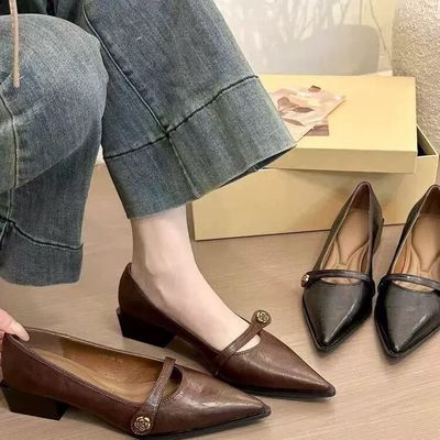 2025夏季新款粗跟高跟鞋女黑色尖头玛丽珍鞋外穿通勤气质浅口单鞋