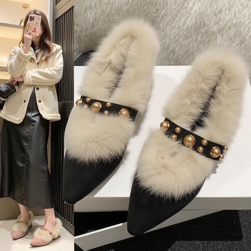 兔毛绒毛毛鞋女2025新款冬季尖头绒面玛丽珍加绒保暖粗跟棉鞋单鞋