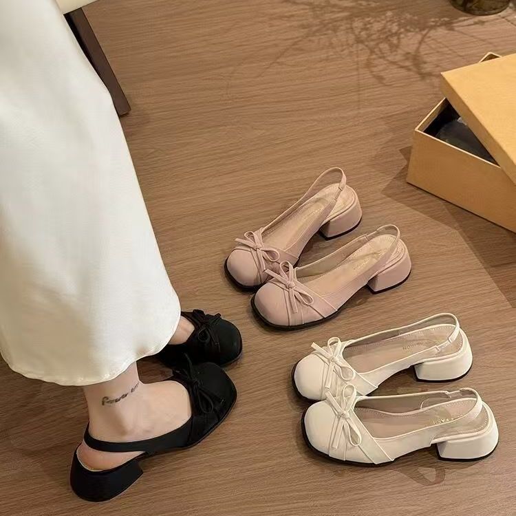 法式粗跟粉色玛丽珍女2025夏季新款配裙子绸缎高跟鞋包头后空凉鞋