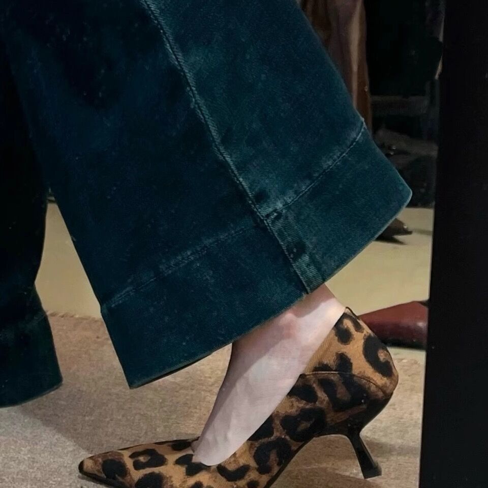 2025春秋新款一鞋两穿尖头浅口高跟鞋时尚气质百搭小众豹纹单鞋