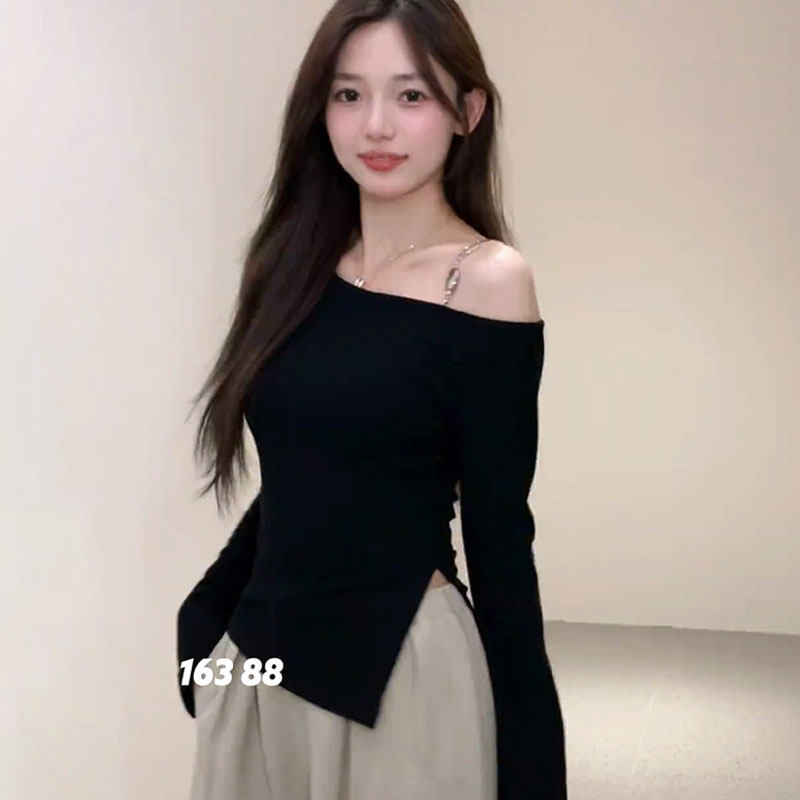 一字肩露肩打底衫女内搭长袖t恤早秋季高级感法式掐腰斜肩上衣服