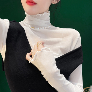 高领蕾丝打底衫 加绒加厚网纱1219e 女内搭配毛衣木耳领纱衣秋冬季