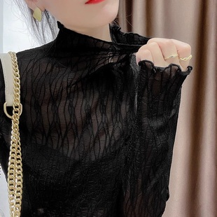 高领蕾丝打底衫 女内搭配毛衣秋冬高端加厚加绒中领网纱上衣1219e