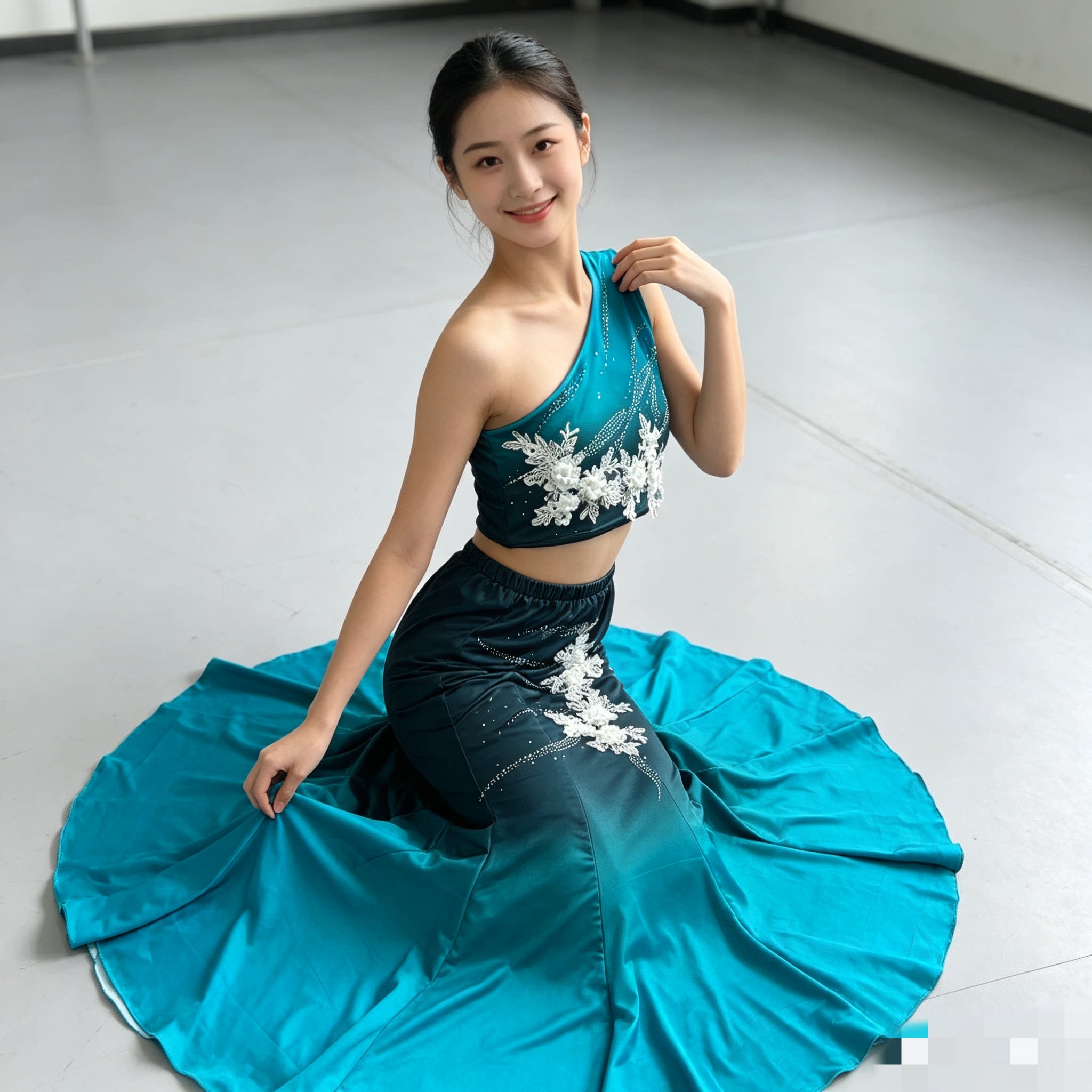 傣族舞蹈服女渐变单肩鱼尾裙演出服修身剧目练习裙民族服装