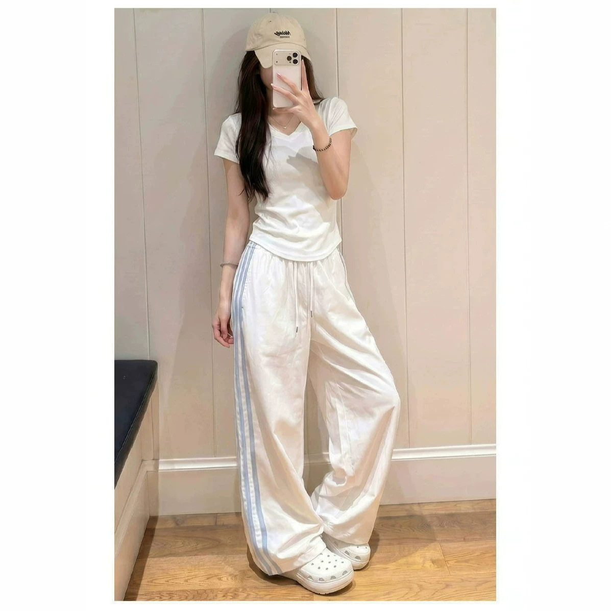 白色韩系三杠条纹高腰速干健身运动裤阔腿裤女新款2026休闲直筒裤