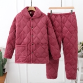 冬季 天天特价 中老年三层加厚保暖棉睡衣冬法兰绒套装 珊瑚绒夹棉袄