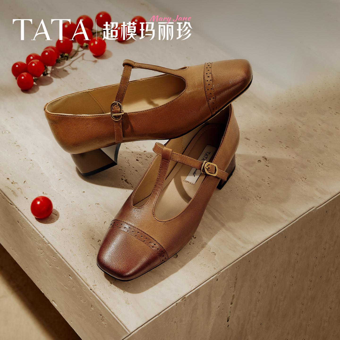 TATA他她复古气质超模玛丽珍鞋女羊皮浅口粗跟单鞋2025秋USC01CQ5