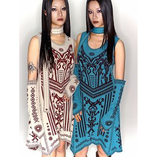 NEONPOND天池秘境 原始汤图腾提花双色双面穿高弹针织背心连衣裙