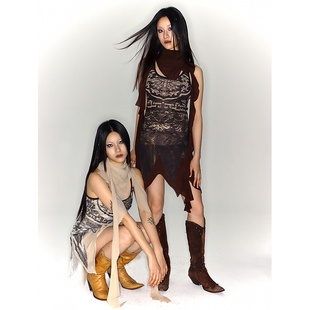 NEONPOND天池秘境 双色纹样流质印花网纱吊带上衣&连衣裙