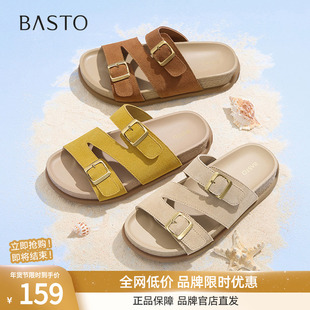 百思图2025夏季新款真皮复古休闲勃肯鞋懒人厚底女凉拖鞋W2665BT5