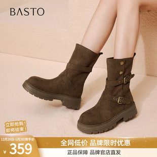 百思图2025冬季 复古西部靴堆堆靴厚底加绒女驼色短靴BP335DZ5 新款