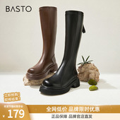 百思图冬商场新款 加绒粗腿显瘦厚底增高骑士靴女长靴BP861DG4