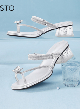 百思图夏商场新款时尚透明水晶跟粗跟女外穿夹趾拖鞋BP569BT4