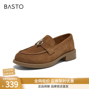 百思图2026春季新款真皮复古绒面乐福鞋小皮鞋粗跟女单鞋BV158AA6