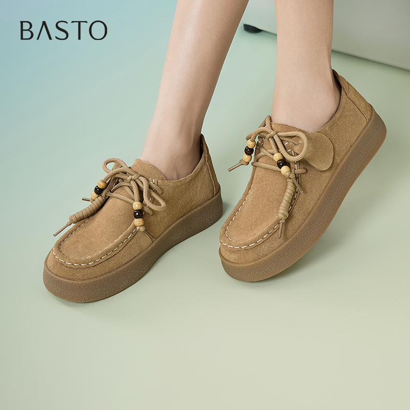 百思图2025秋季新款复古休闲真皮袋鼠鞋厚底增高女单鞋BV912CM5