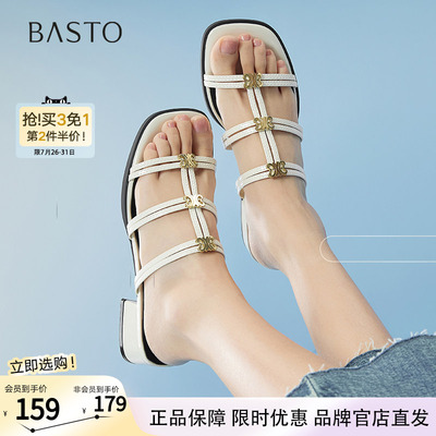 百思图夏商场新款时尚复古方头粗跟外穿女条带罗马拖鞋B5379BT5