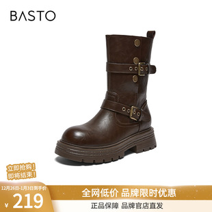 复古潮流骑士女中靴BP928DZ5 西部靴时尚 百思图2025冬季 新款