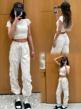 lu同款工装裤Dance Studio夏季女士条纹中腰速干裤瑜伽直筒阔腿裤