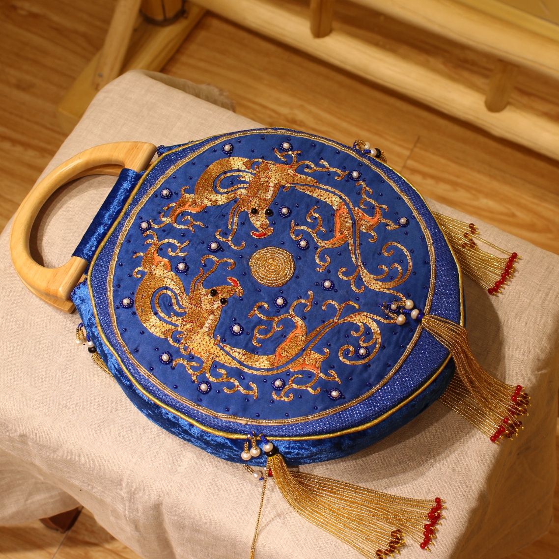 【老绣重工改制】 双面！手绣盘金龙蝴蝶金色珠穗包 孤品古董包