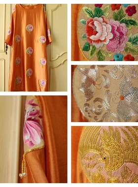金橘色！ 盘金金花朵手绣绣花丝麻宽松版古典长裙连衣裙 大版古风