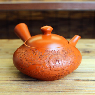 日本常滑烧已故肥田菁圃 40年前老朱泥牡丹刻横手侧把急须茶壶具