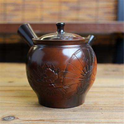 常滑烧雕刻千羽拭名家侧把急须壶