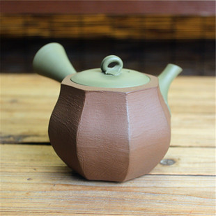 日本常滑烧已故名匠稻叶石水作 紫泥切面纯手工横手侧把急须茶壶