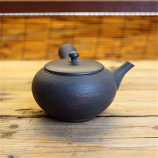 日本常滑烧已故作家伊藤高凤作 横手侧把急须壶 松皮纹扁平型日式