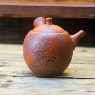 日本常滑烧名家村越风月作 开雲雕 龙雕刻老泥料日式泡茶急须茶壶