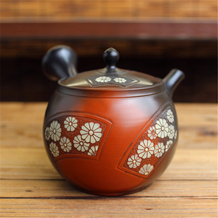 日本常滑烧已故名家 夏目雅仁朱泥窑变菊花雕横手侧把急须茶壶器