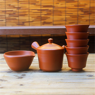 日本常滑烧已故名家初代吉川雪堂 朱泥千段纹急须套壶 吉川义雪作