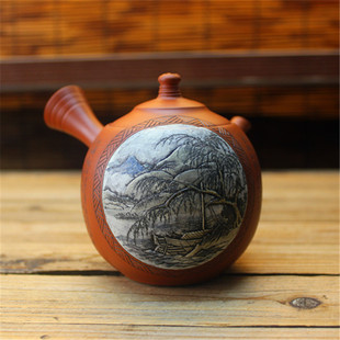 日本常滑烧村越风月作 吉川壶堂刻风景 纯手工日式横手侧把急须壶