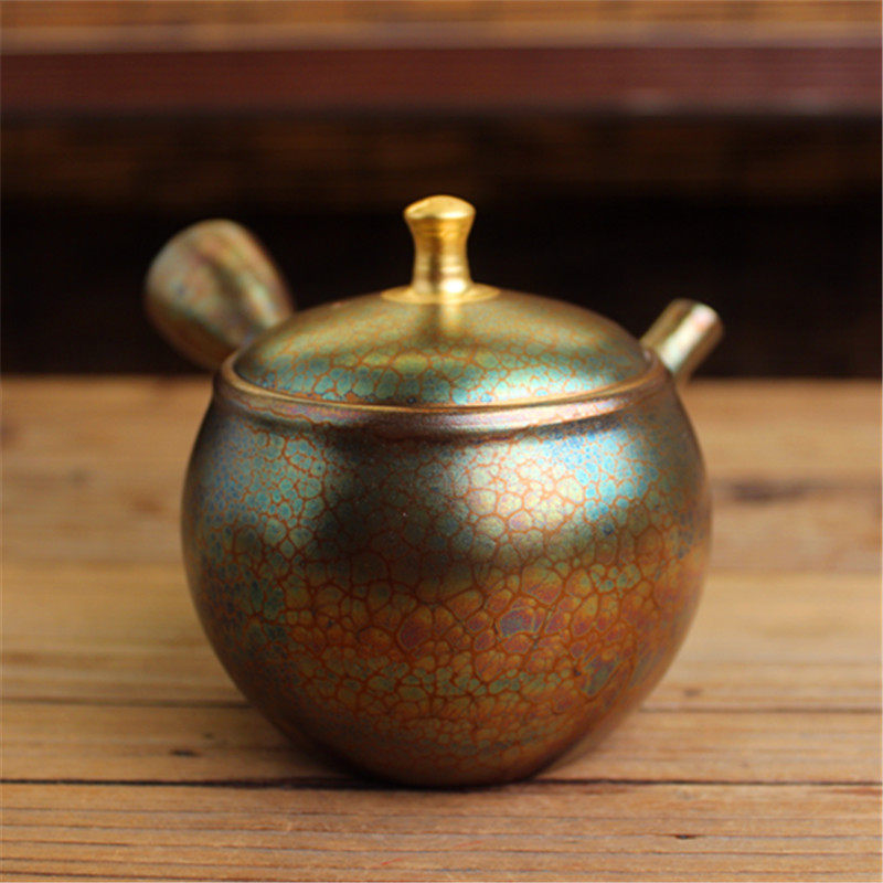 日本常滑烧 昭龙天目釉梅原昭二耀变天目横手侧把急须茶壶茶器具