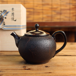 日本常滑烧已故名匠 大理石麻面藻挂横手侧把急须壶 加藤忠臣香臣