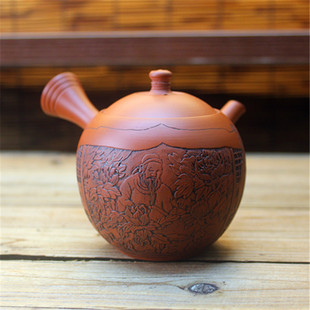 日本常滑烧村越风月作 开云雕刻 老者朱泥横手侧把泡茶急须茶壶