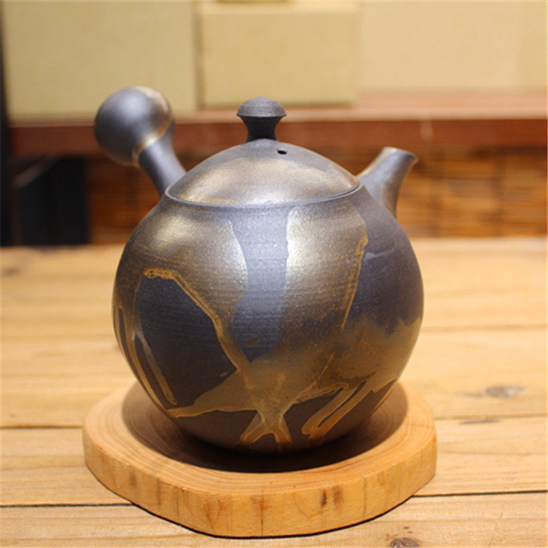 日本常滑烧新星 藤田德太 黑长丸银彩横手侧把泡茶大手容量急须壶