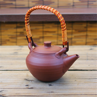 日本常滑烧已故水野静仙作 土瓶泡茶急须茶壶 朱泥横筋竹提梁日式