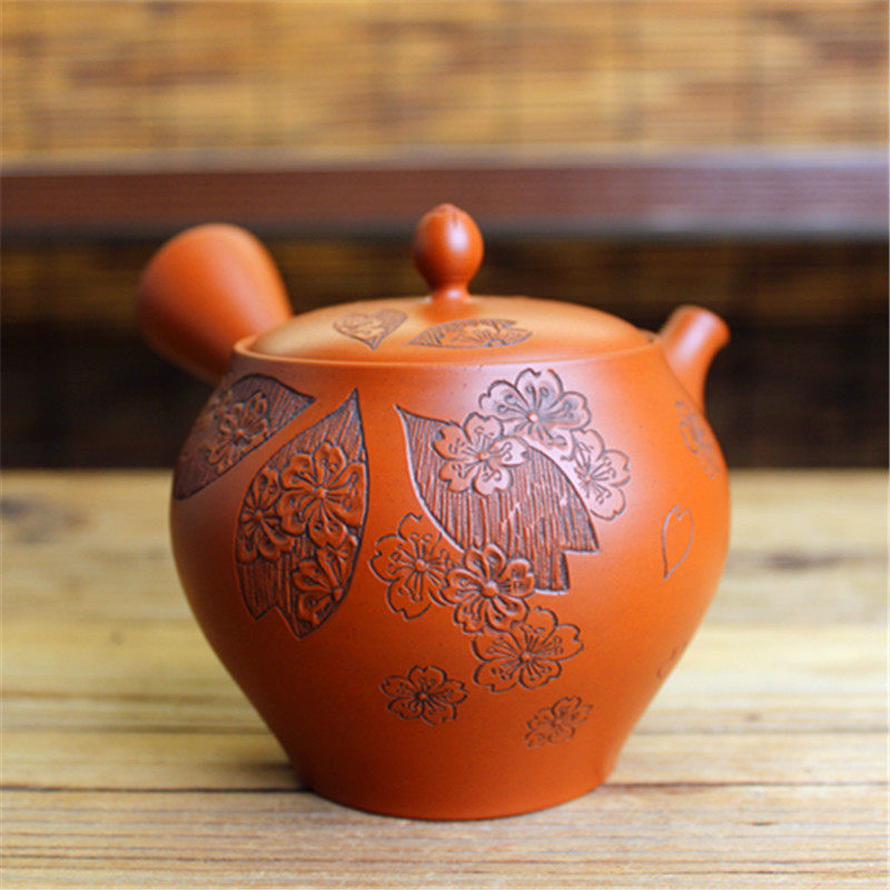日本常滑烧名家 山田宝生作 宝仙刻 老朱泥横手侧把泡茶急须茶壶