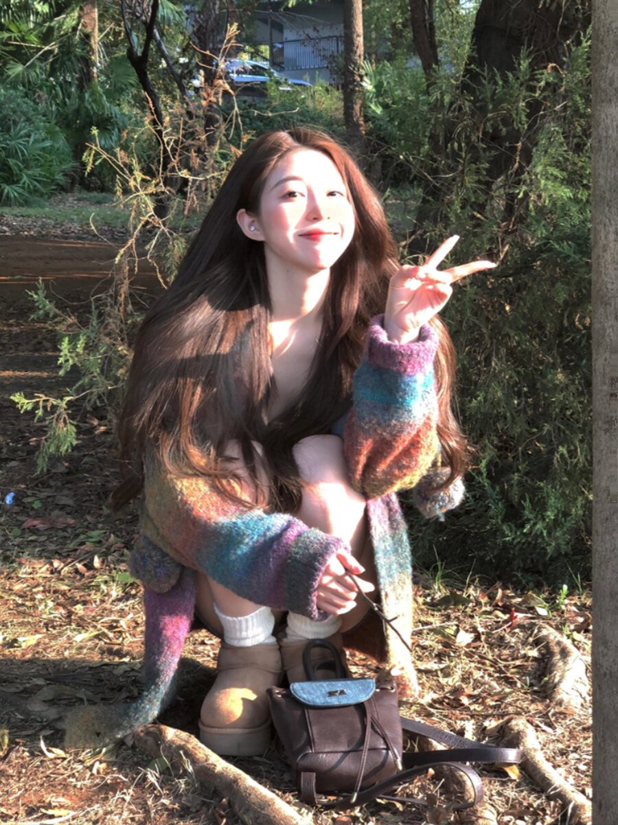 HUNGERLABABY|24AW 미국 복고풍 게으른 스타일 작은 여성을위한 다채로운 후드 가디건 스웨터 재킷