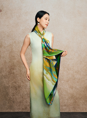 嫵WOO【千里江山】只此青绿真丝印花方巾桑蚕丝绸缎中国风丝巾