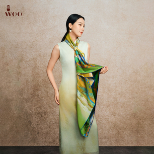 嫵WOO 只此青绿真丝印花方巾桑蚕丝绸缎中国风丝巾 千里江山