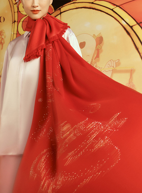 woo妩龙吟中国红色山羊绒围巾披肩龙年新品秋冬保暖