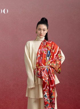 嫵WOO 【礼赠推荐】一团和气喜庆红色真丝印花丝巾大方巾围巾送礼